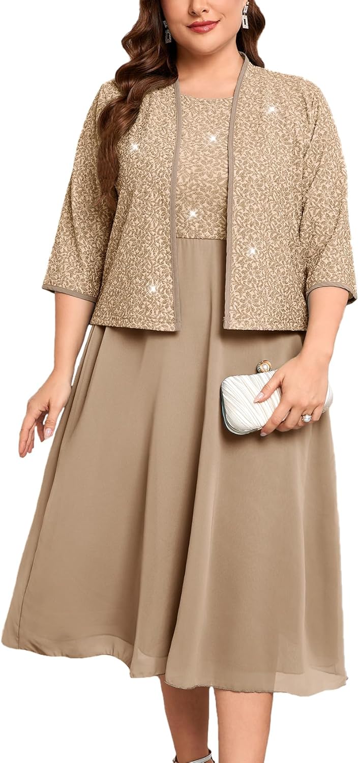 ZOMVA Plus Size Sparkly Mother of The Bride Dresses with Jacket 2 Piece Chiffon A-Line Dress Wedding Guest Formal