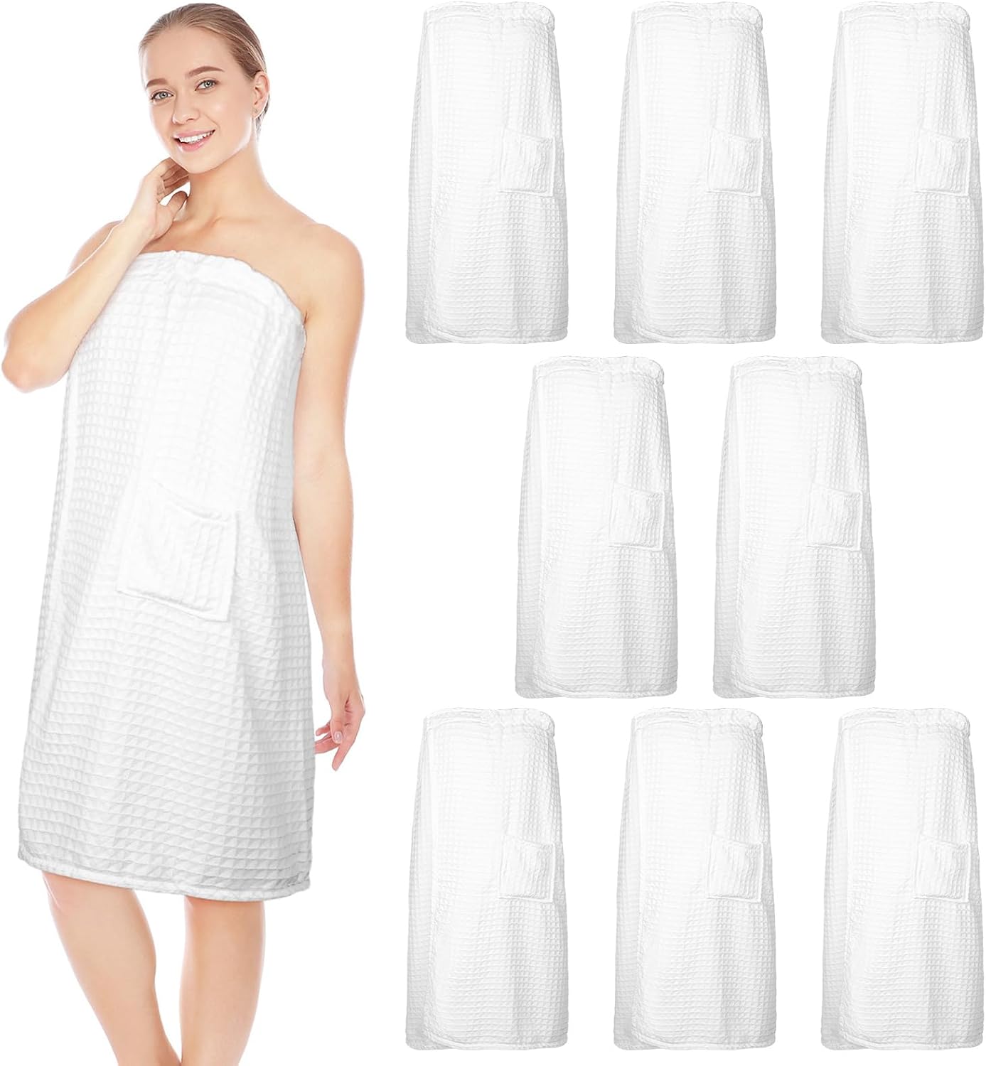 Tigeen 8 Pcs Waffle Body Bath Wrap for Women Knee Length Bath Towel Wrap with Pocket Adjustable Closure for Spa Shower