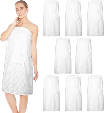 Tigeen 8 Pcs Waffle Body Bath Wrap for Women Knee Length Bath Towel Wrap with Pocket Adjustable Closure for Spa Shower