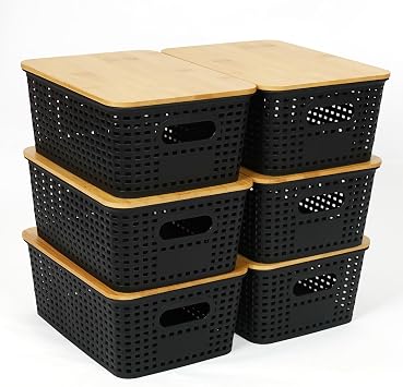 6Pcs Storage Plastic Baskets with Bamboo lids, Lidded Storage Bins - Black