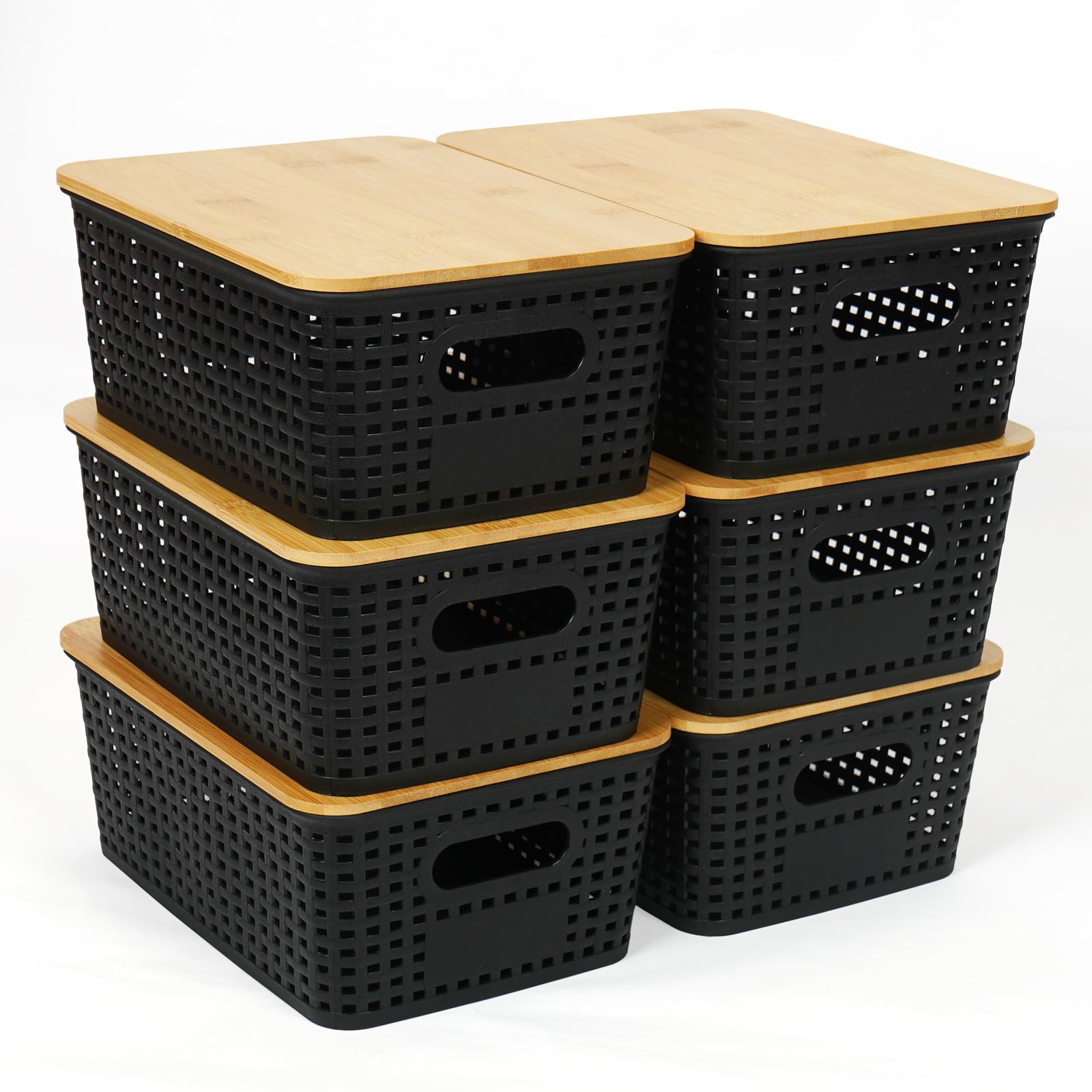 UHAPEER Caja de almacenamiento con tapa de bambú, 6 unidades de cesta de almacenamiento, cesta de plástico, organizador de cocina, color negro, cajas de almacenamiento apilables, caja con tapa de 25,6