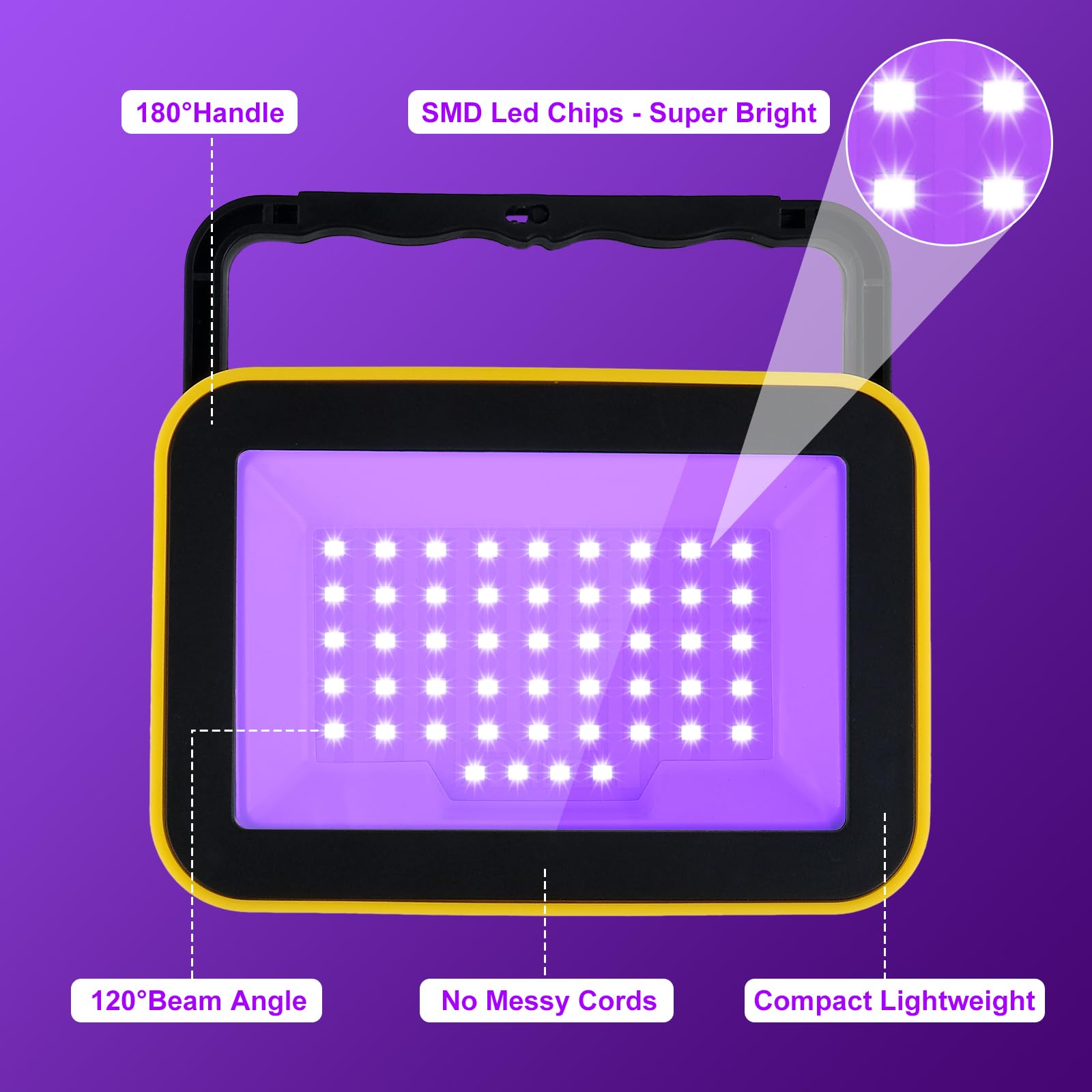 T-SUNUS Foco LED Negra Recargable, 2 Piezas Luz Negra UV con Batería, 2 Niveles de Intensidad, Impermeable IP66, Lámpara de Escenario con Imán, para Halloween Navidad Fiestas Bar
