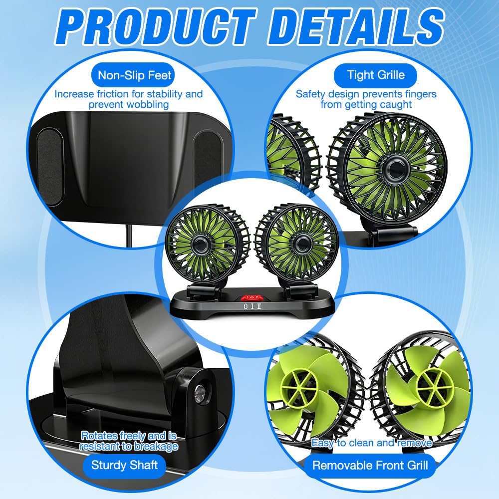 Auto-Ventilateur, 12V Double Tête Ventilateur Auto, Ventilateur Voiture avec Rotation 360° et 2 Vitesses – Se branche sur l'allume-cigare pour SUV, camping-cars, quads et bateaux