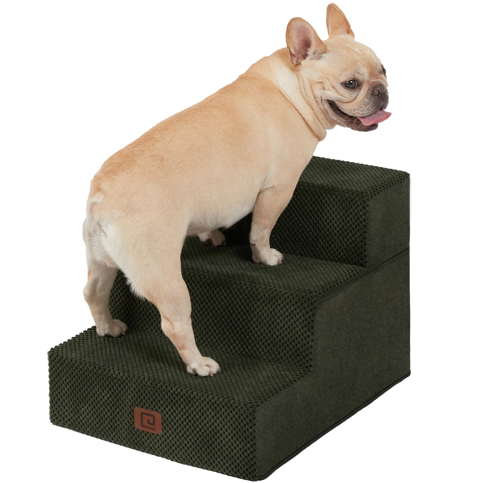 EHEYCIGA Dog Stairs for Small Dogs 13.5" H, 3-Step Dog Steps for Couch Sofa and Chair, Pet Steps for Small Dogs and Cats, Non-Slip Balanced Dog Indoor Ramp, Olive Green