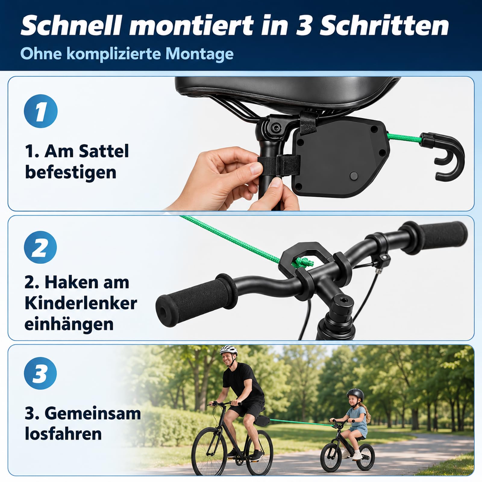 Abschleppseil Fahrrad Kinder, 2,5 m Einziehbares Fahrrad Zugseil bis 225 kg/500 lbs, Fahrradseil zum Abschleppen für Kinderfahrrad, MTB, E-Bike, Familienradtouren