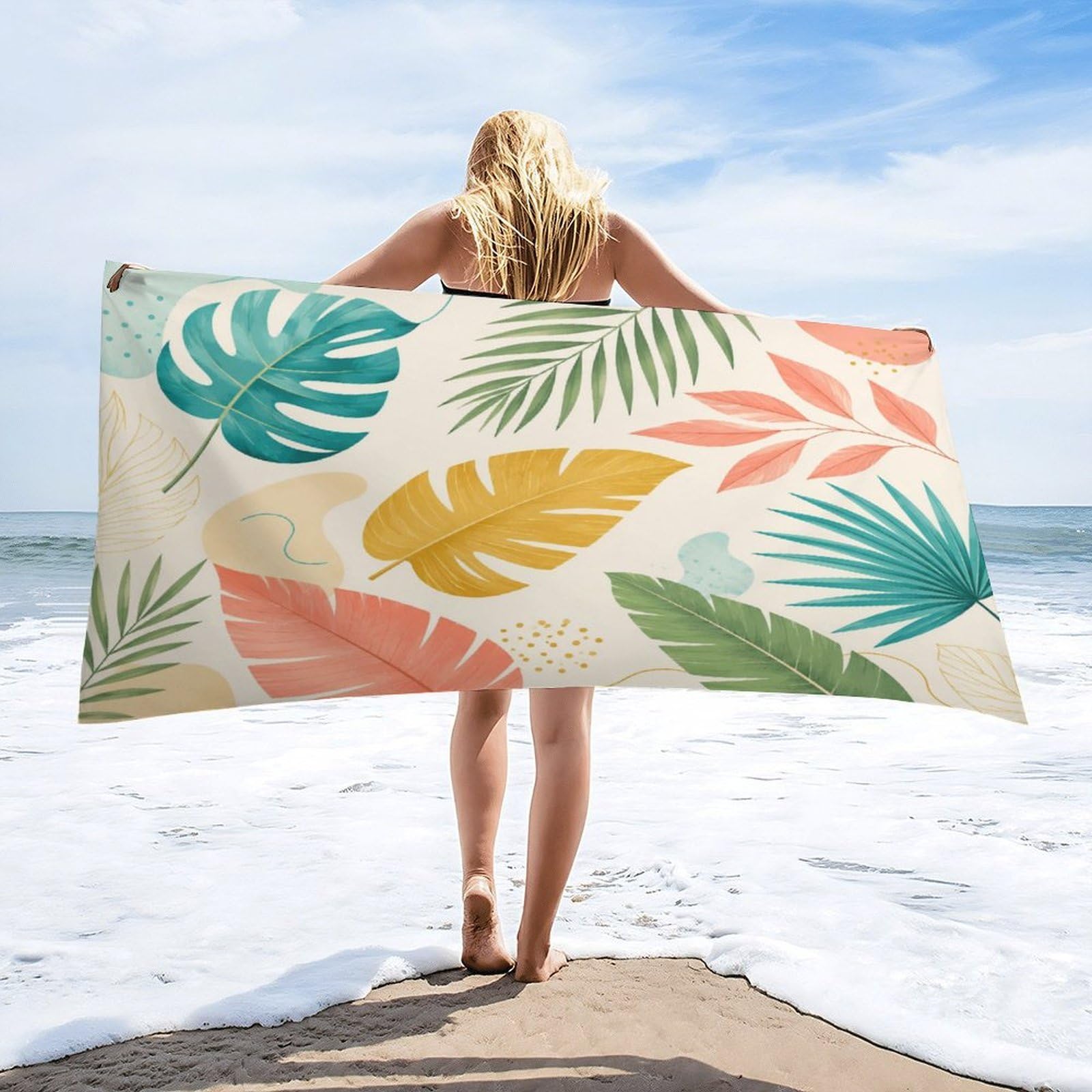 Anceky Tropical Leaves Beach Towel 32"×63",Soft Microfiber Bath Towel Shawl, Quick Dry Absorbent Pool Spa Gym Shower Towel