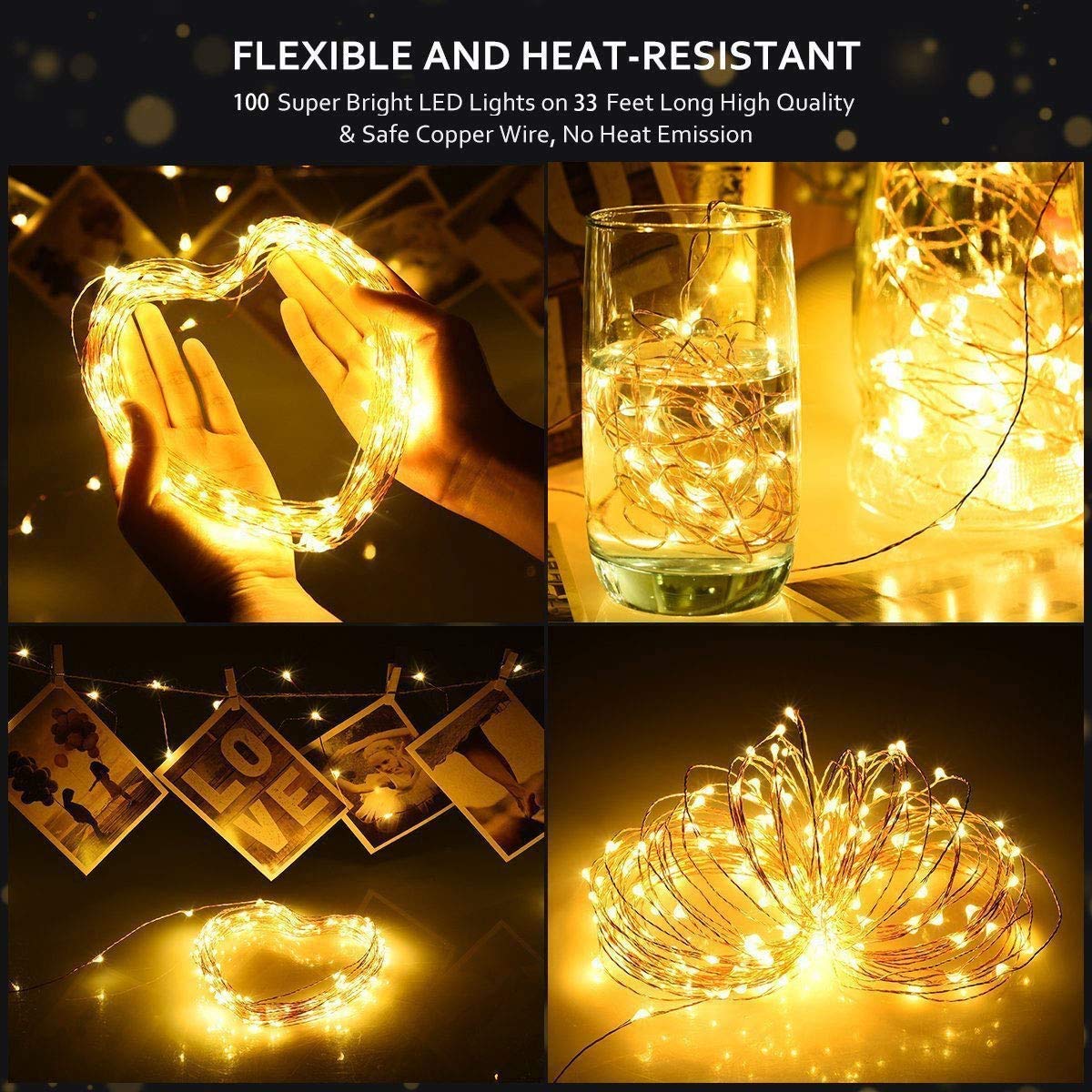 Cadena de luces con clips para fotos, impermeable, 100 luces LED, funciona con pilas, luces parpadeantes de hadas para bodas, fiestas, Navidad, decoración del hogar, luces para colgar