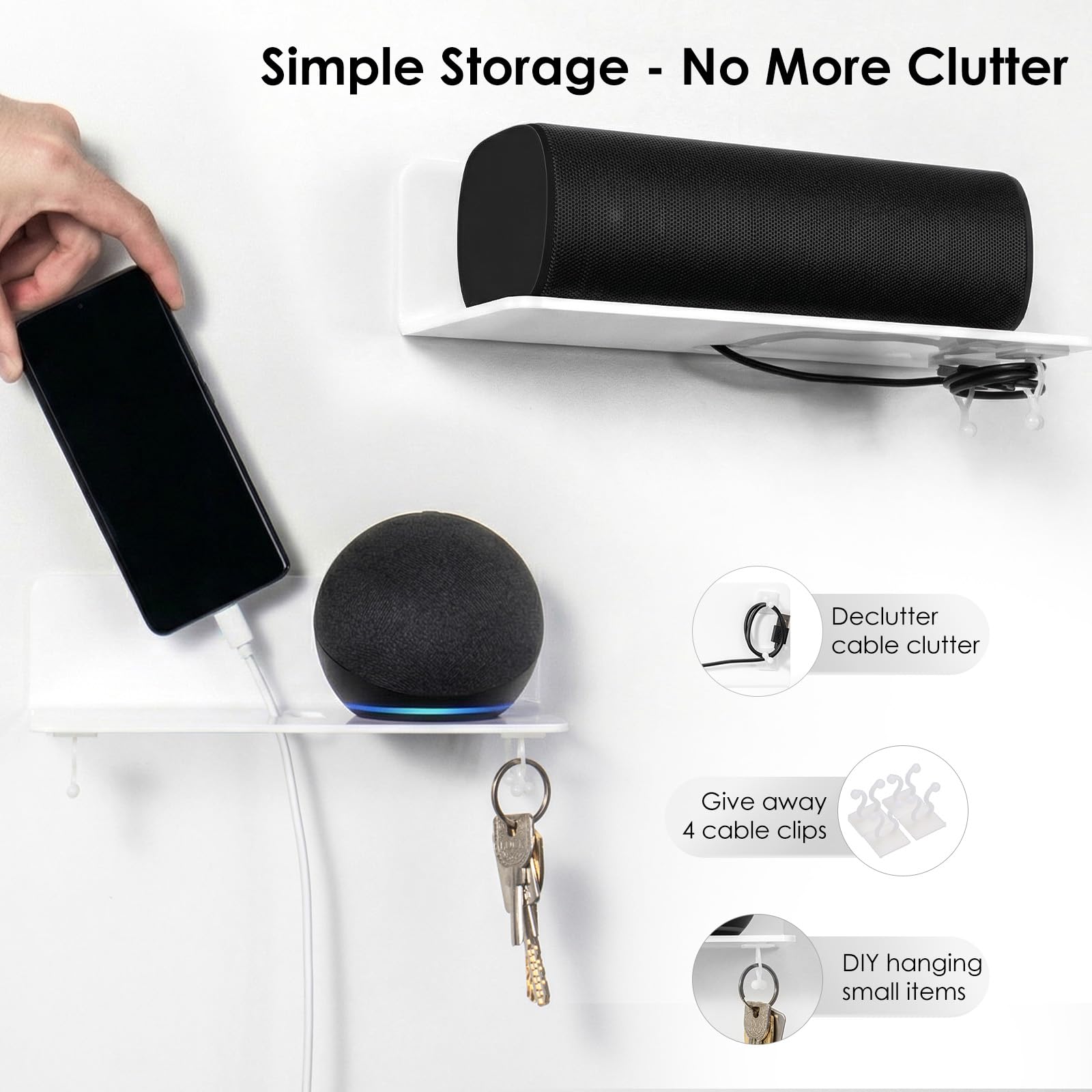 OAPRIRE Estanteria Pared Blanca Juego de 2, 23cm Baldas Pared Sin Agujeros de Acrílico con Clips Cables para Dormitorio, Baño, Cocina, Sala de Estar, Oficina, Amplíe Fácilmente El Espacio de la Pared