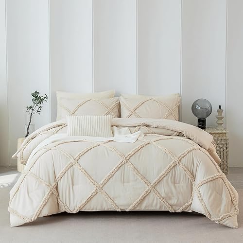 Miniatura 3 de Bedbay Juego de edredón beige tamaño Queen Shabby Chic Ropa de cama rústica Boho Queen Juego de edredón de diamante copetudo beige Queen Juego de