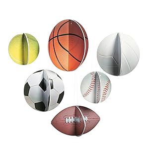 Fun Express 3D Hanging Sports Balls (Set of 6) Football, Tennis, Basketball, Soccer, Baseball and Volleyball - VBS Vacation Bible School Supplies/Decor