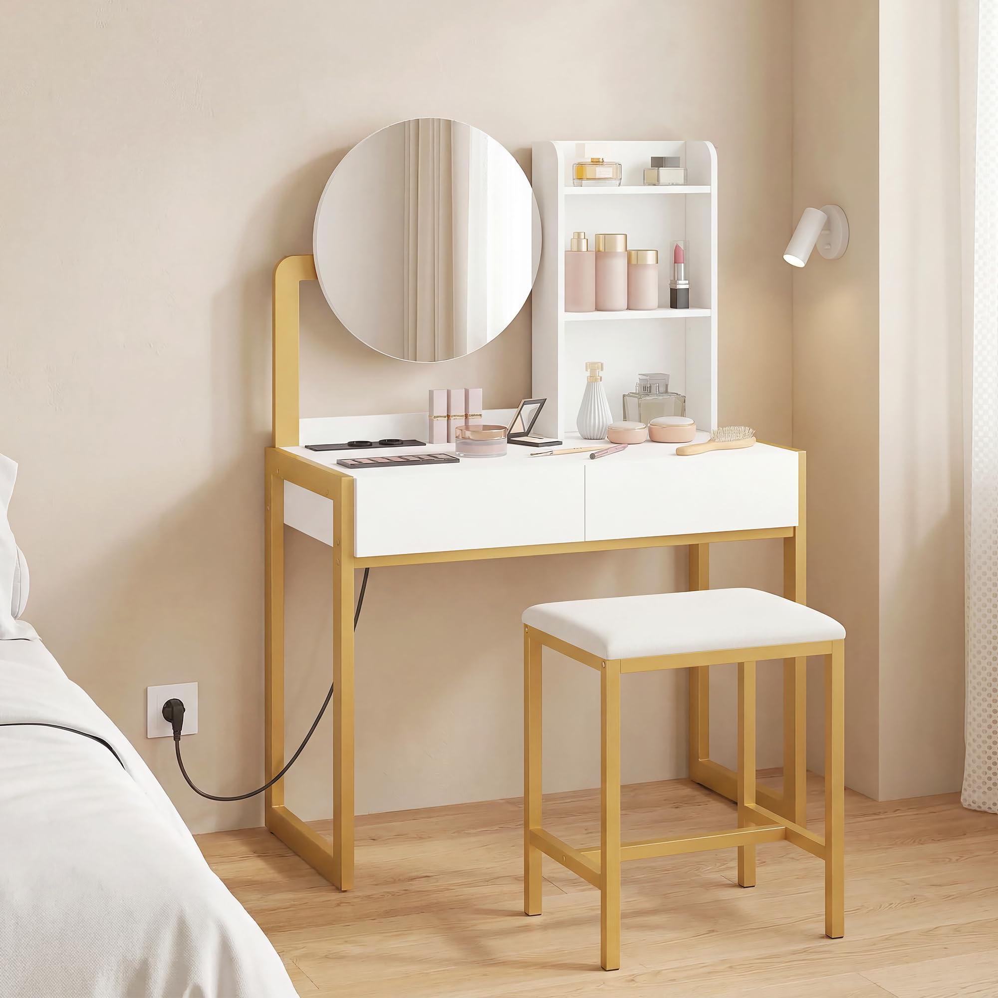 HOMCOM Tocador de Maquillaje con Espejo y Taburete Acolchado, Tocador con Estación de Carga, 2 Cajones, 3 Estantes Abiertos, Puerto USB, Estructura Metálica, para Dormitorio, Blanco