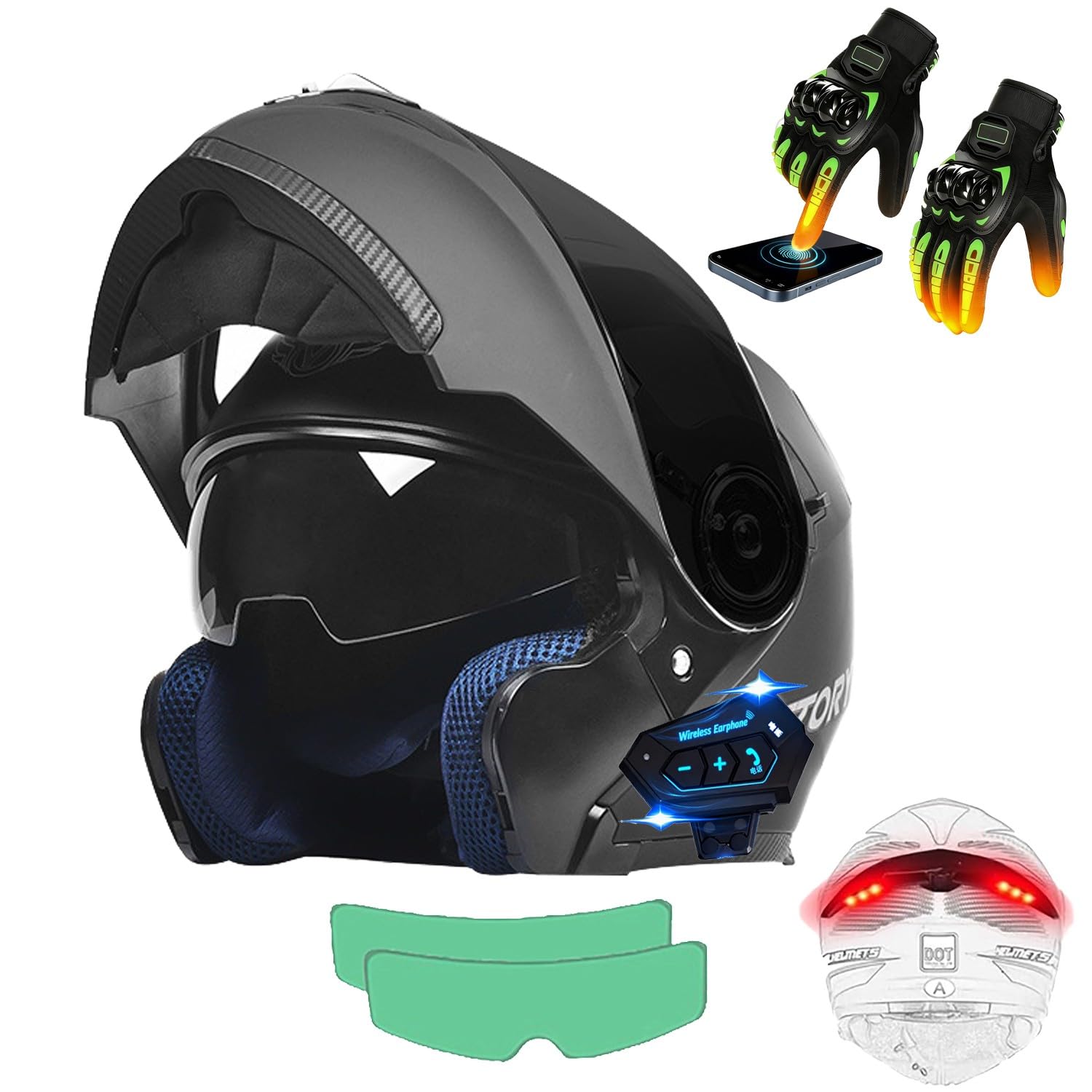 Casco Abatible Doble Visera Antivaho, Casco De Moto Modular Bluetooth, ECE Homologado, Luz Trasera LED, Guantes Térmicos Touchscreen Pegatina Antivaho, Adultos Hombres Mujeres C,Medium