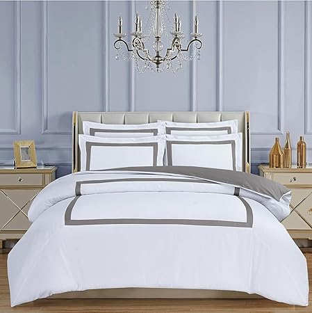 Majestic Giftware Madison Linen 8-Piece 44" Twin Size Bedding Set (BL2-44T-8) | Province Hotel Collection-White-Taupe Tape 400 TC Cotton Sateen | 2 Fitted Sheets, 2 Duvets, 4 Pillowcases