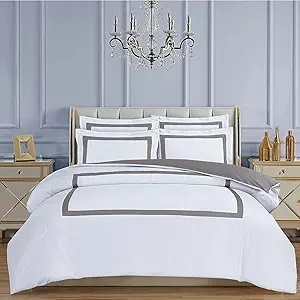 Majestic Giftware Madison Linen 8-Piece 44" Twin Size Bedding Set (BL2-44T-8) | Province Hotel Collection-White-Taupe Tape 400 TC Cotton Sateen | 2 Fitted Sheets, 2 Duvets, 4 Pillowcases