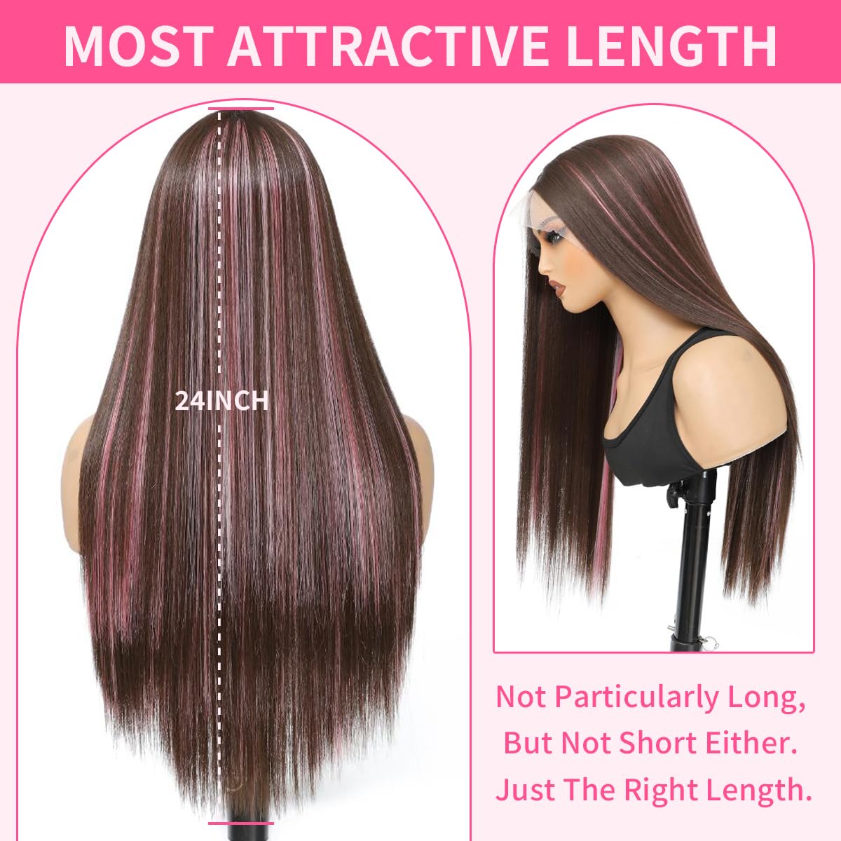 Synthetic Lace Front Wig 13X4X1 Inch Lace Front Wig 24 Inch Cheap Straight Lace Front Wigs Synthetic Wigs For Black Women Pre-Plucked Cheap Wigs Dark Brown/Pink