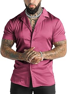 URRU Men's Luxury Shiny Silk Like Satin Dress Shirt Cuban Collar Short Sleeve Casual Slim Fit Muscle Button Up Shirts