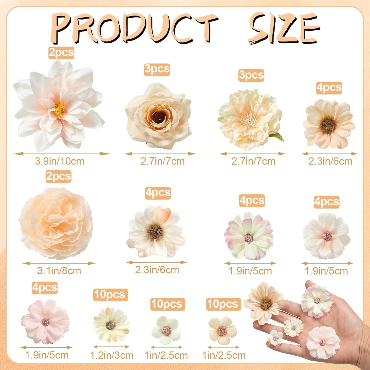 Artificial Flower Heads Combo - Champagne Silk Dahlia & Roses Fake Flowers for Wedding, Party, Graduation Cap DIY, Cake Decoration, Table Centerpieces, Home Decor - Image 2