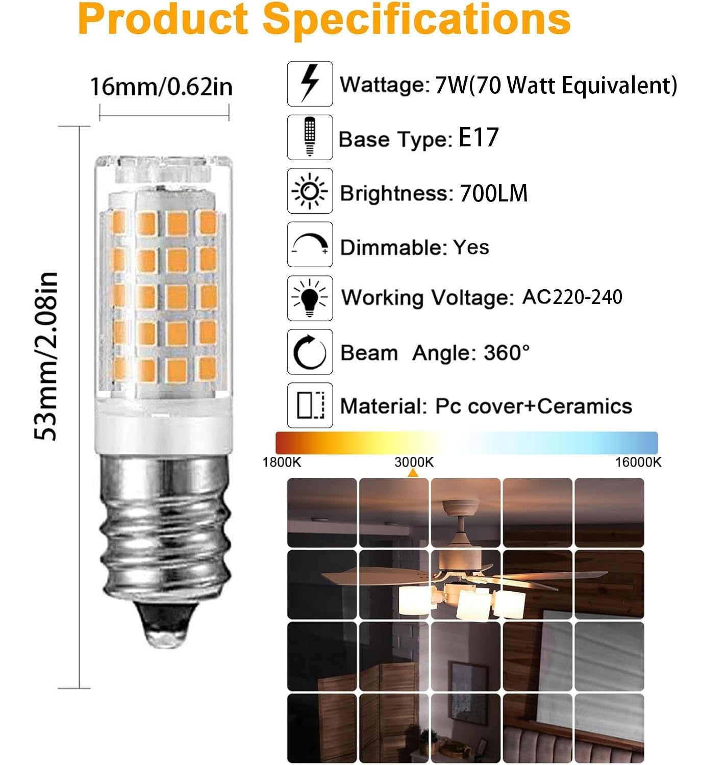 lampadina, Lampadina LED E17 7W, 220V-240V, equivalente a lampadina alogena da(Warm White)