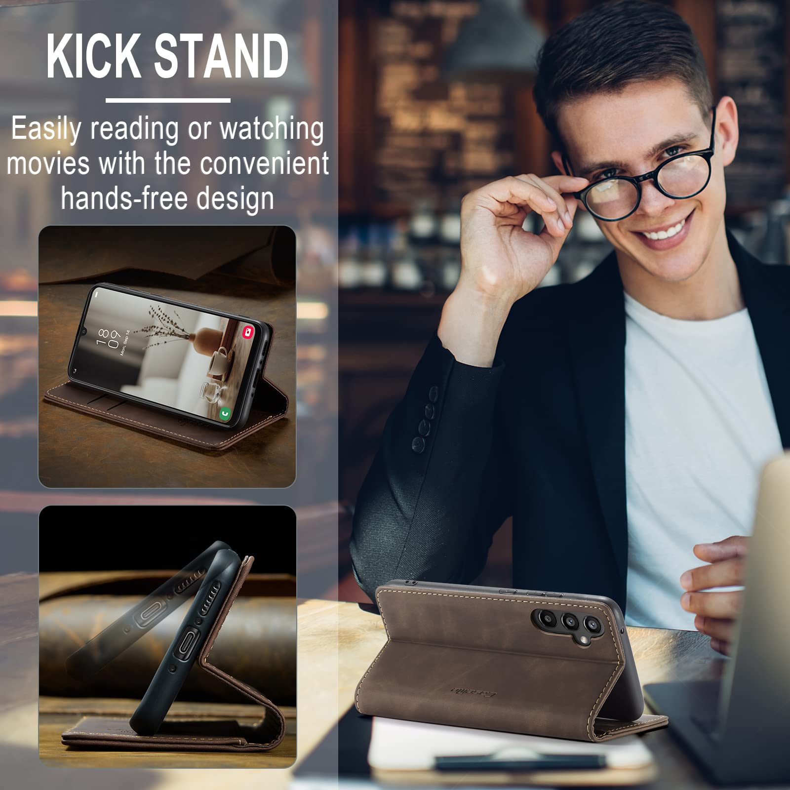 for Samsung Galaxy A34 5G Case, Flip Wallet Leather Case with Card Holder Magnetic Closure Shockproof Kickstand Protective Phone Cases Cover for Galaxy A34 6.6 Inch,Coffee — view 5