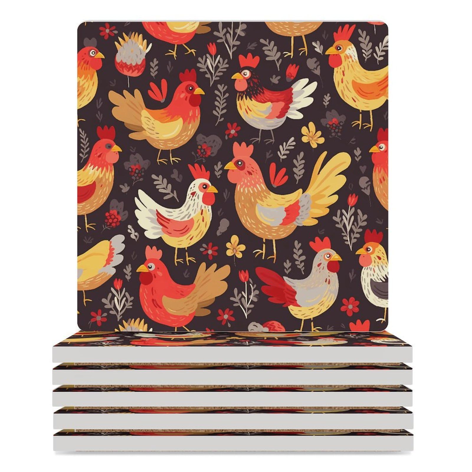 Dessous de verre coq en céramique lot de 6 carrés pour la table
