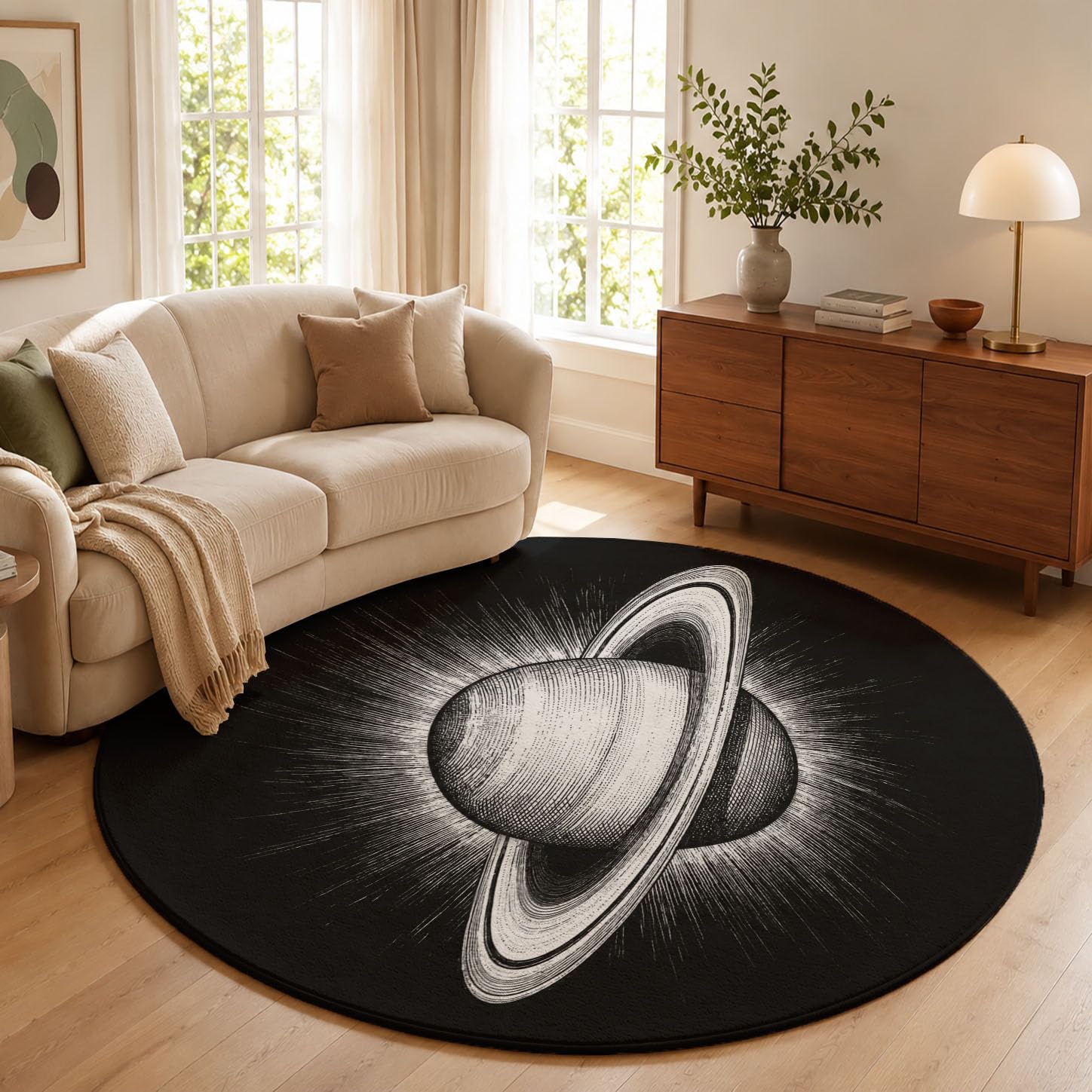 Tapis Rond Lavable Halo Saturn 180cm | Tapis Minimaliste Moderne Antidérapants Salon Lavable en Machine pour pour Salle à Manger, Entrée, Cuisine, Noir