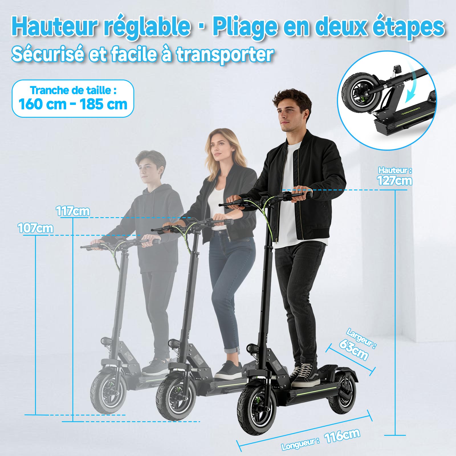 D5 Trottinette Electrique Adulte Autonomie 45-50KM Batterie 48V 10,4Ah Moteur pic 800W Trotinette Électrique Pliante Portable Puissante Tout Terrain Ultra Legere Double Suspension avec APP