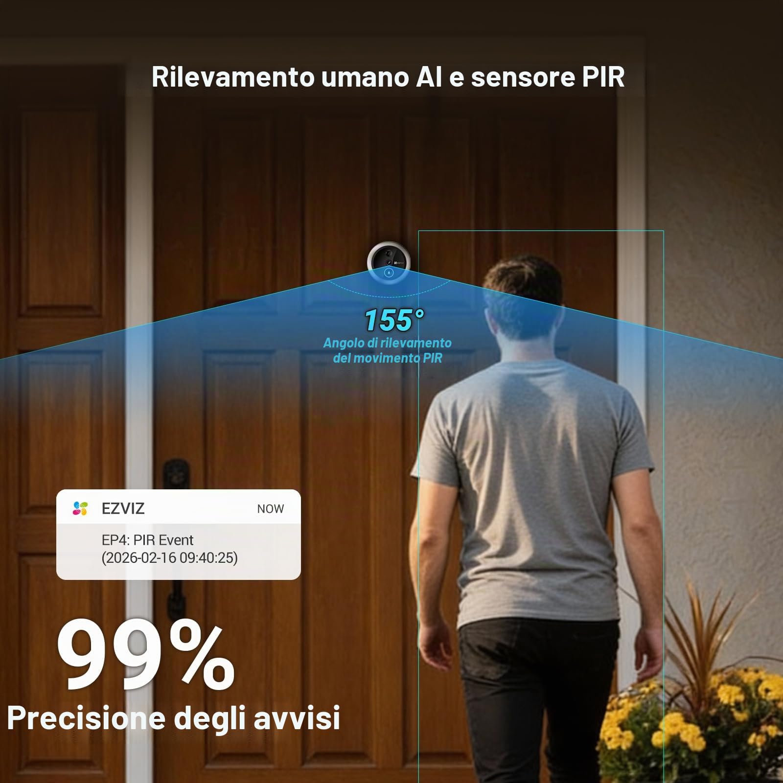 EZVIZ 4K AI Fotocamera Spioncino Smart Senza Fili, Rilevamento Umano con Riconoscimento Facciale, Visione Ampia 155° WDR, Comunicazione Bidirezionale, Impermeabile, Archiviazione 512G Senza Costi