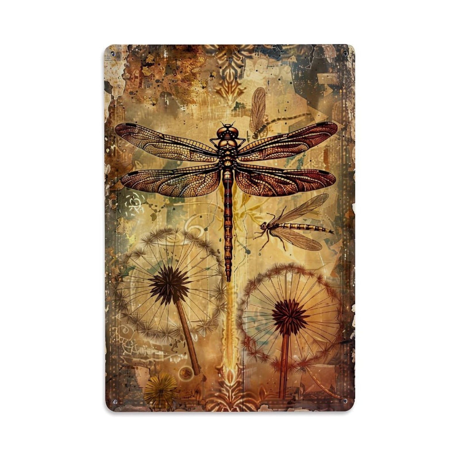 Nestemfo Vintage Dragonfly And Dandelion Art Tin Sign Metal Sign, Living Room,Bar, Home, Bedroom Wall Decor,Retro Metal Poster 8X12 Inches