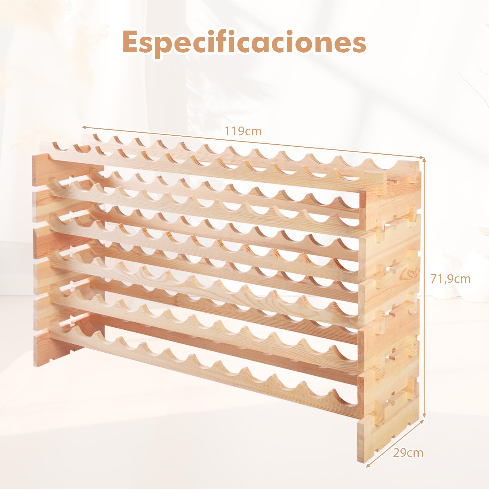 GOPLUS Botellero Vino de Pino para 72 Botellas, Botellero Apilable de Madera con 6 Niveles, Estantería de Vino, para Cocina Hogar Bar, Gran Espacio (72)