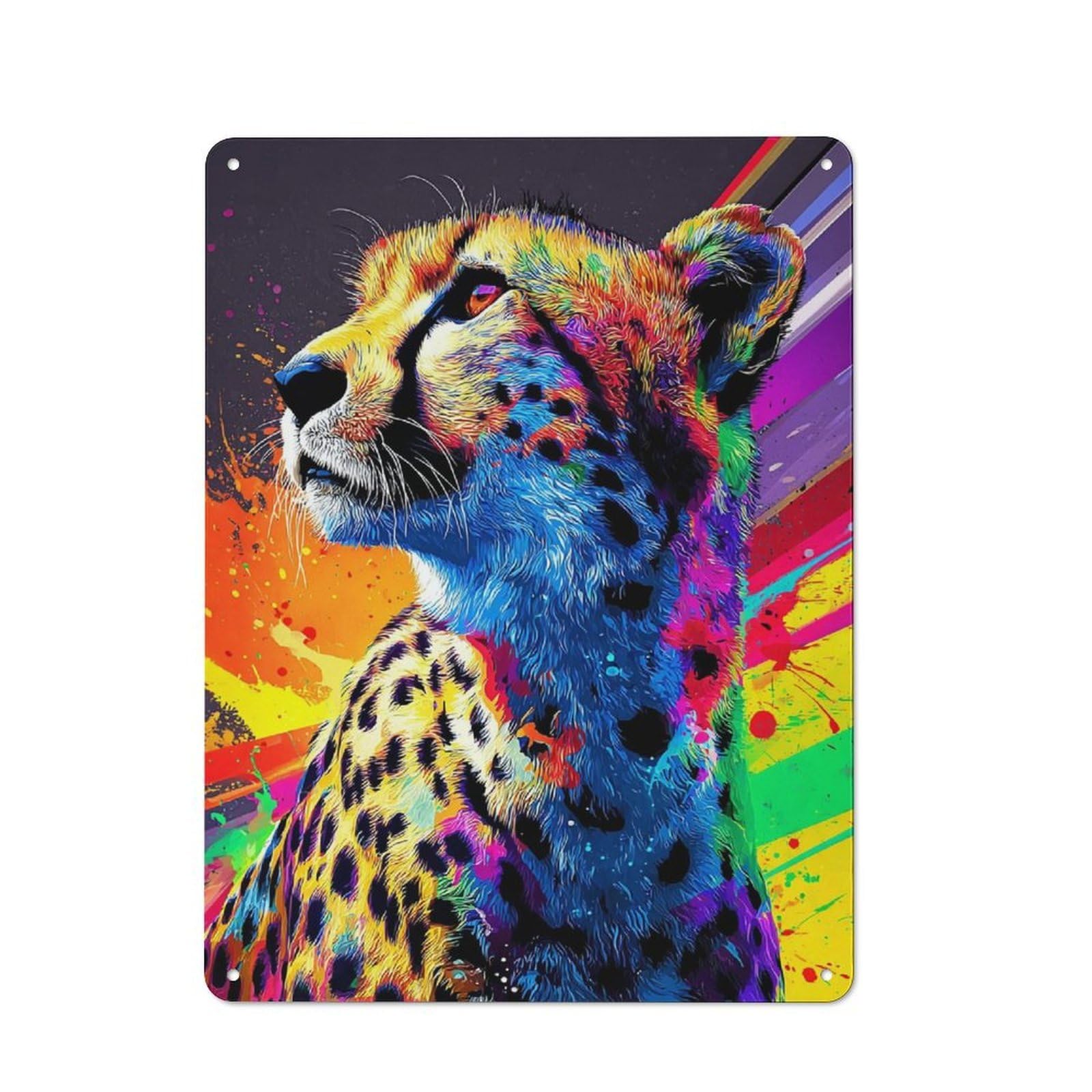 Colorful Cheetah Vibrant Wildlife Art Metal Wall Art Sign 40x30cm, Vintage Vintage Wall Decor for Lounge, Study, Pub Or Wall Gallery