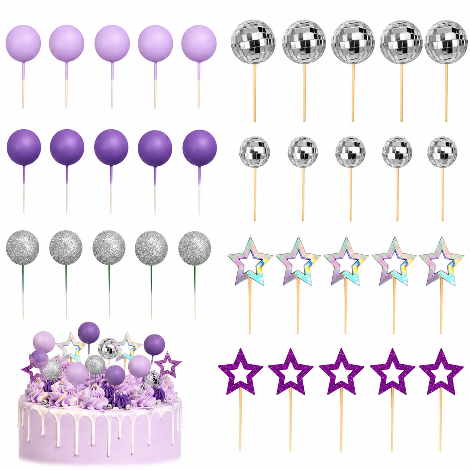 Ligynotu 35PCS Purple Cake Decorations Disco Ball Cake Decoration for Party
