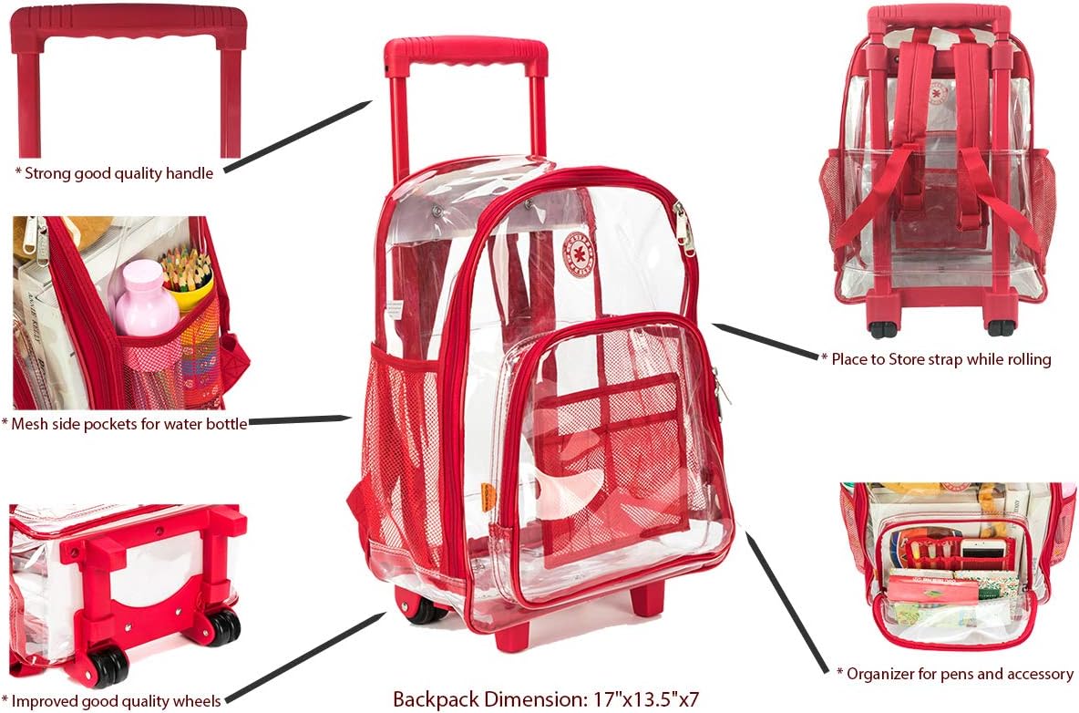 K-Cliffs Rolling Clear Backpack Heavy Duty Bookbag Quality See Through Workbag Travel Daypack Transparent School Book Bags w/Wheels Red