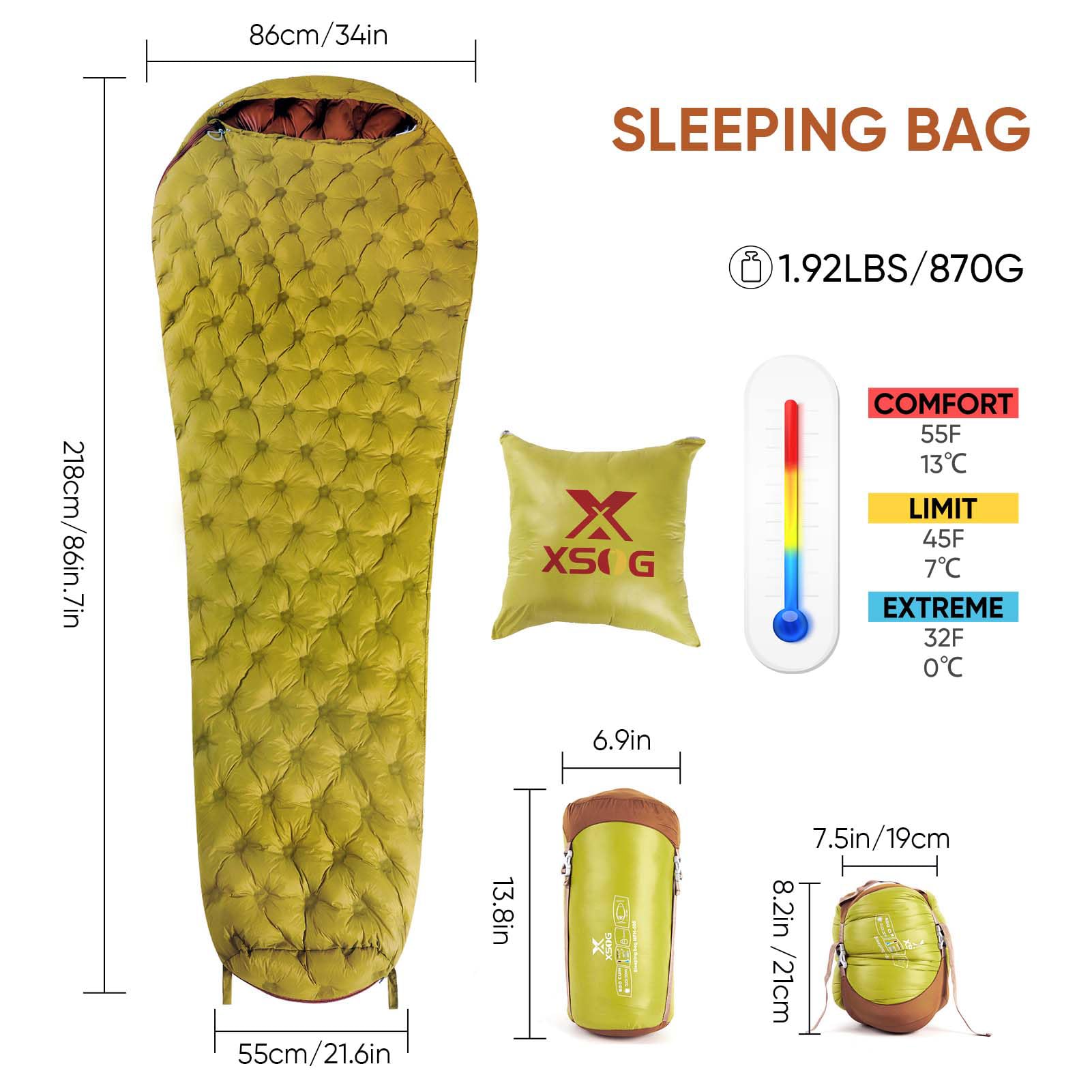 Xsog Ultralight Down Sleeping Bag for Adults, 1.92lbs 32-55F 650 Fill Down, Lightweight Compact Mummy Backpacking Sleeping Bag for Outdoor Camping and Hiking, Compressible -MFH500 (Golden Palm)