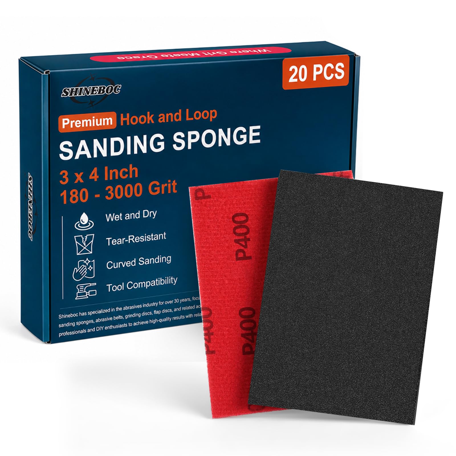 Shinboc 20 PCS Sanding Sponge 400 Grit, Hook and Loop Sandpaper Block