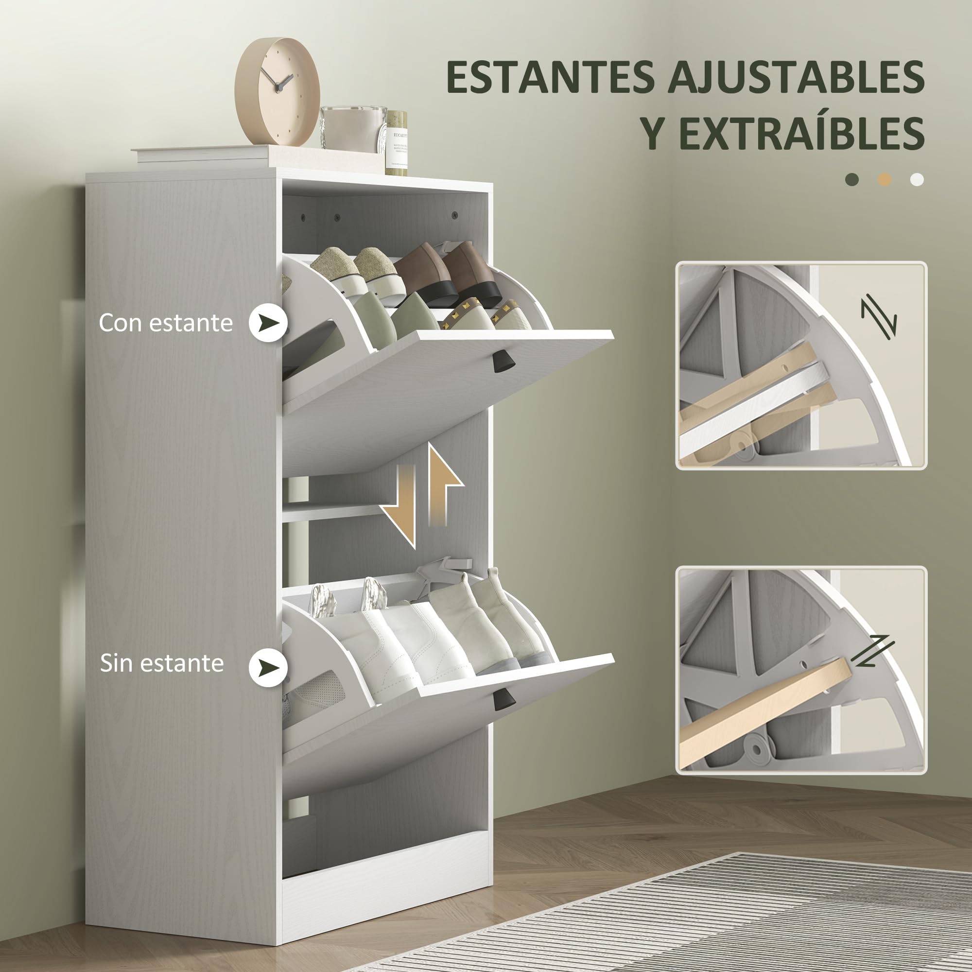 HOMCOM Zapatero Estrecho con 2 Puertas, Zapatero Entrada Recibidor con Estantes Ajustables, para 8 Pares de Zapatos, 47x26x85 cm, Blanco Veteado