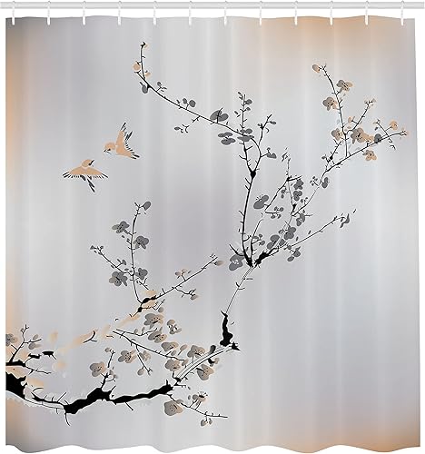 Miniatura 2 de Ambesonne Cortina de ducha natural, flores pájaros con diseño de cerezo asiático, juego de tela con ganchos para decoración de baño, artículos