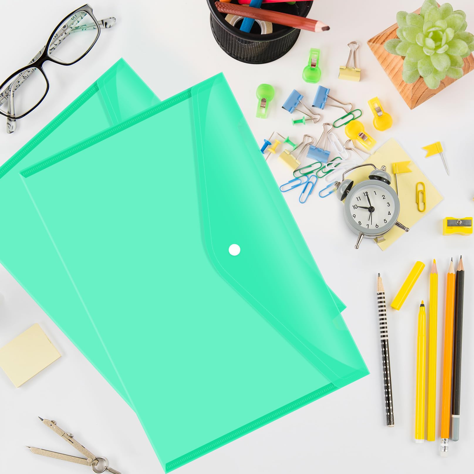 24 buste in plastica con chiusura a bottone a pressione, cartelle trasparenti per documenti formato A4, cartelle in polietilene, per scuola e ufficio (verde)