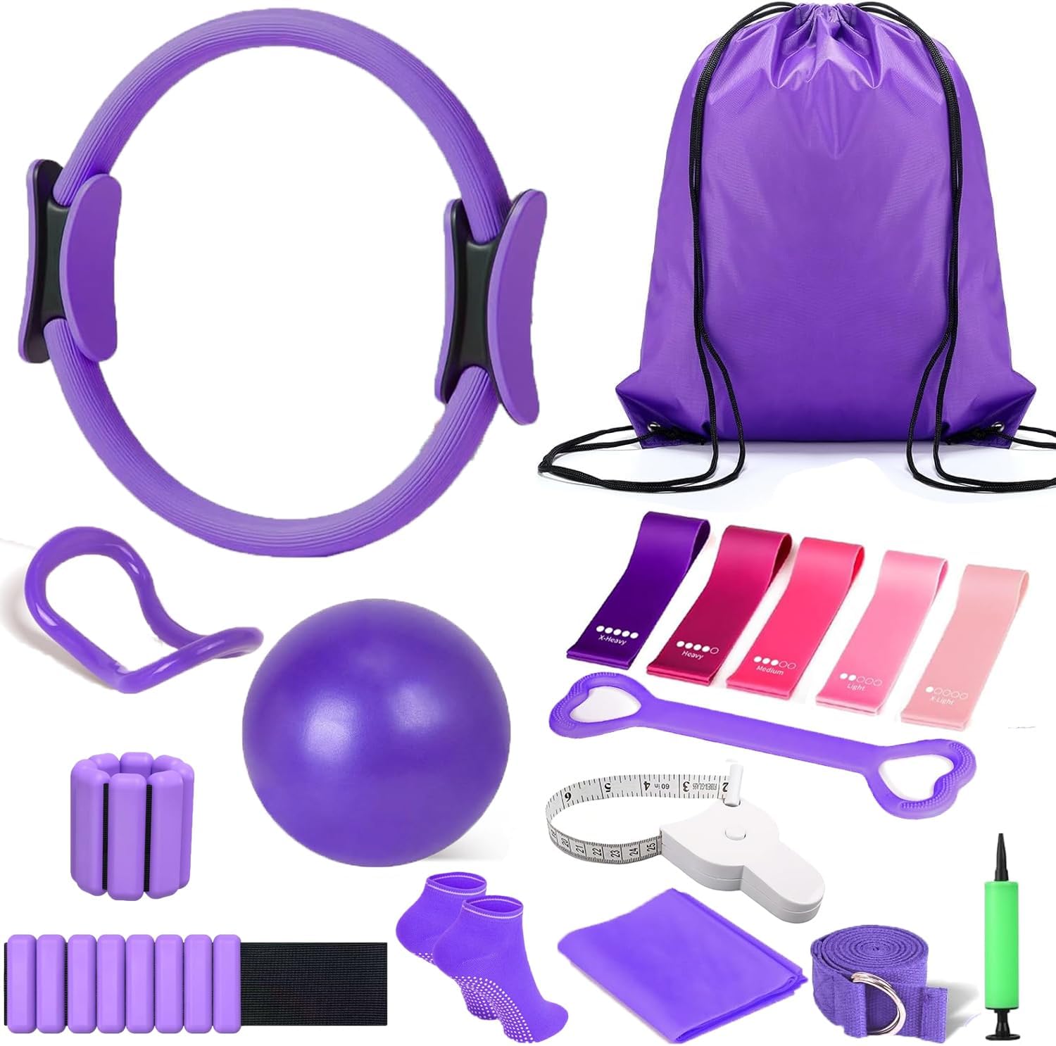 Pilates Ring Set 15PCS Pilates Equipment Set with Adjustable Ankle Wrist Weights,Yoga Ball,Figure 8 Resistance Band,Tape Measure,Pilates Bands & Accessories,Pilates Ring and Ball Set (Purple)