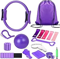 Vista 1 de Juego de anillos de pilates de 15 piezas con pesas ajustables para muñeca, pelota de yoga, banda de resistencia figura 8, cinta métrica, bandas
