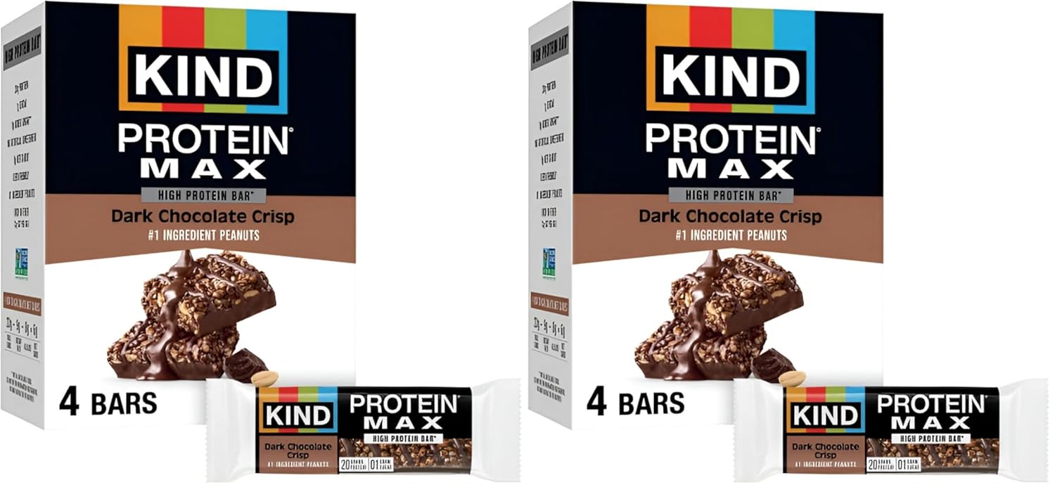 KIND Protein MAX Bars, Dark Chocolate Crisp, Gluten Free, Low Sugar, High Fiber Snacks, 20g Protein, 4 Count