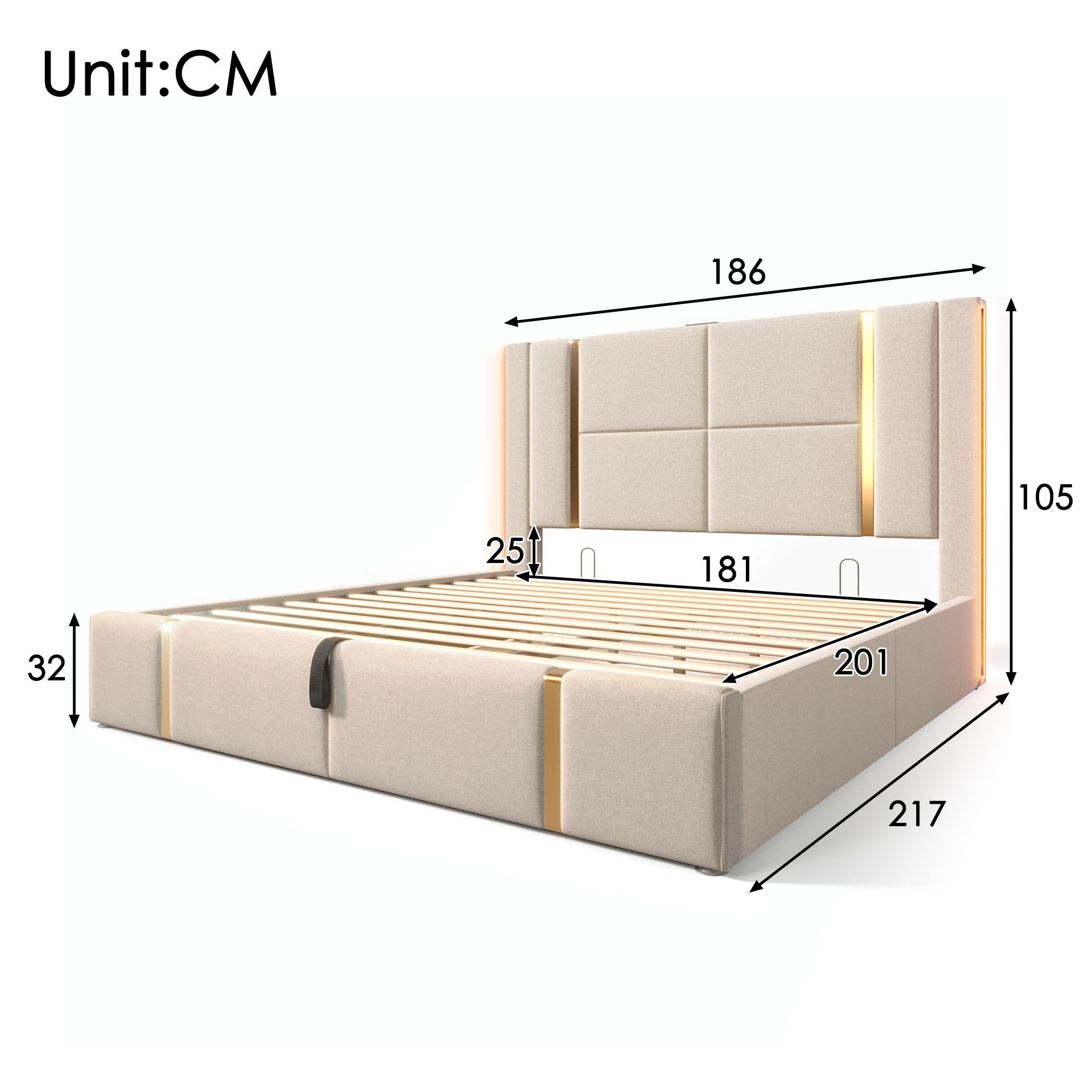 Moimhear Letto imbottito, letto matrimoniale, funzione di ricarica USB di tipo C, controllo APP, rete a doghe in legno, letto per ragazzi, letto per adulti, materiale di lino beige (materasso non