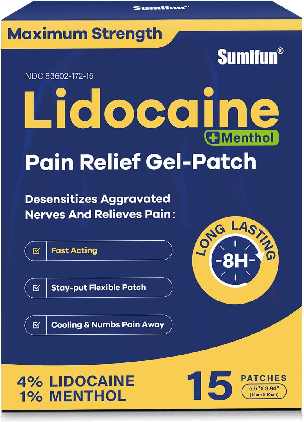 Sumifun 4% Lidocaine Patches Plus 1% Menthol – 15 Counts Maximum Strength OTC Pain Relief Patches for Back Ache Stiff Neck Joint Pain Muscle Soreness Topical Analgesic