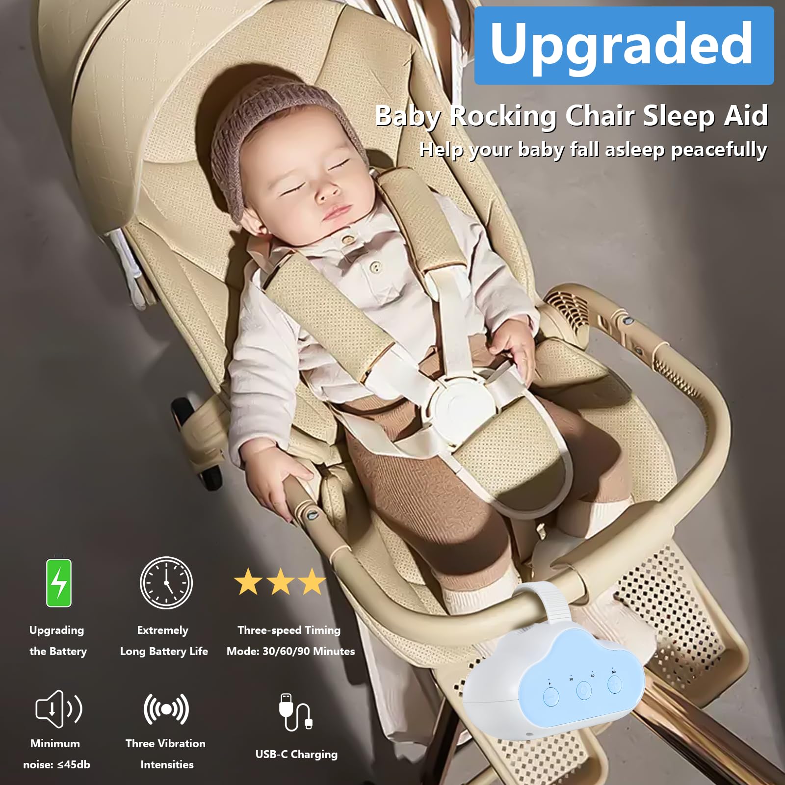 Baby Rocker 2025 Origin Design Rocker Rechargeable Wsparcie dla niemowląt, 3 poziomy intensywności i 30-60-90 minut timer, pasuje do wszystkich wózków dziecięcych