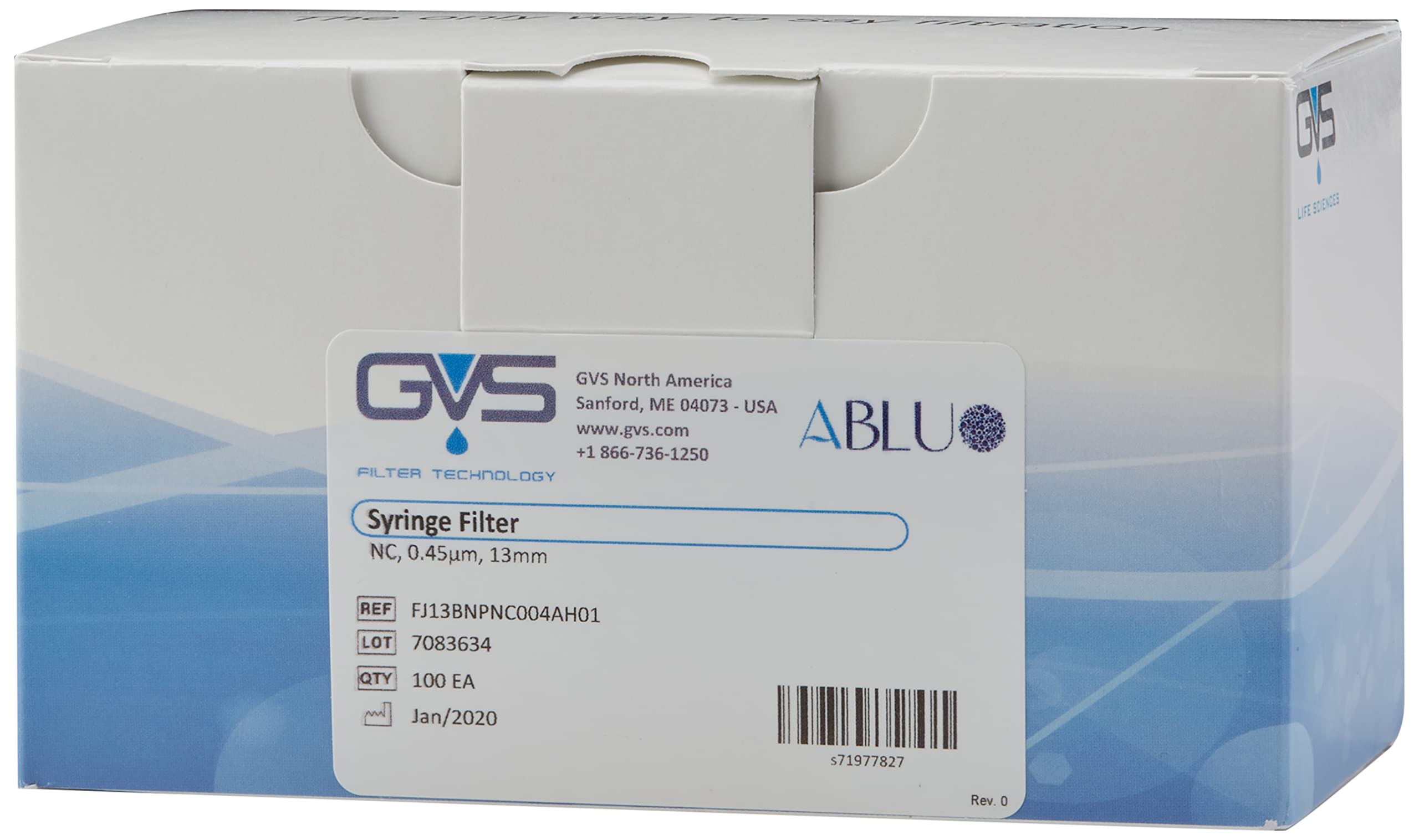 GVS Filter Technology, Filtro de jeringa, ABLUO, 13mm, Membrana NC, 0.45µm, alojamiento PP, 100/pc