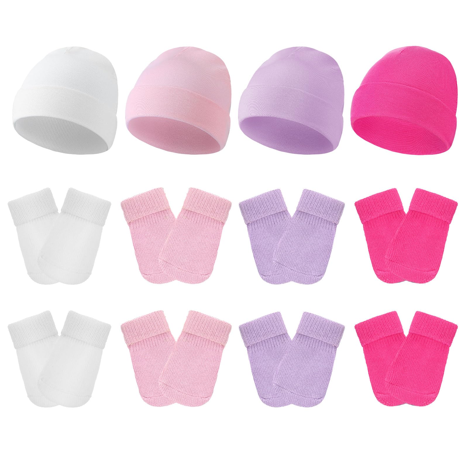 Hercicy 4 Stück Frühchen Baumwolle Mütze und Fäustlinge Anti Kratzer Fäustlinge Baby Fäustlinge Nicu Krankenhauskappe Frühchen Jungen Mädchen Weiß Hellrosa Hellviolett Rosa Rot Gr