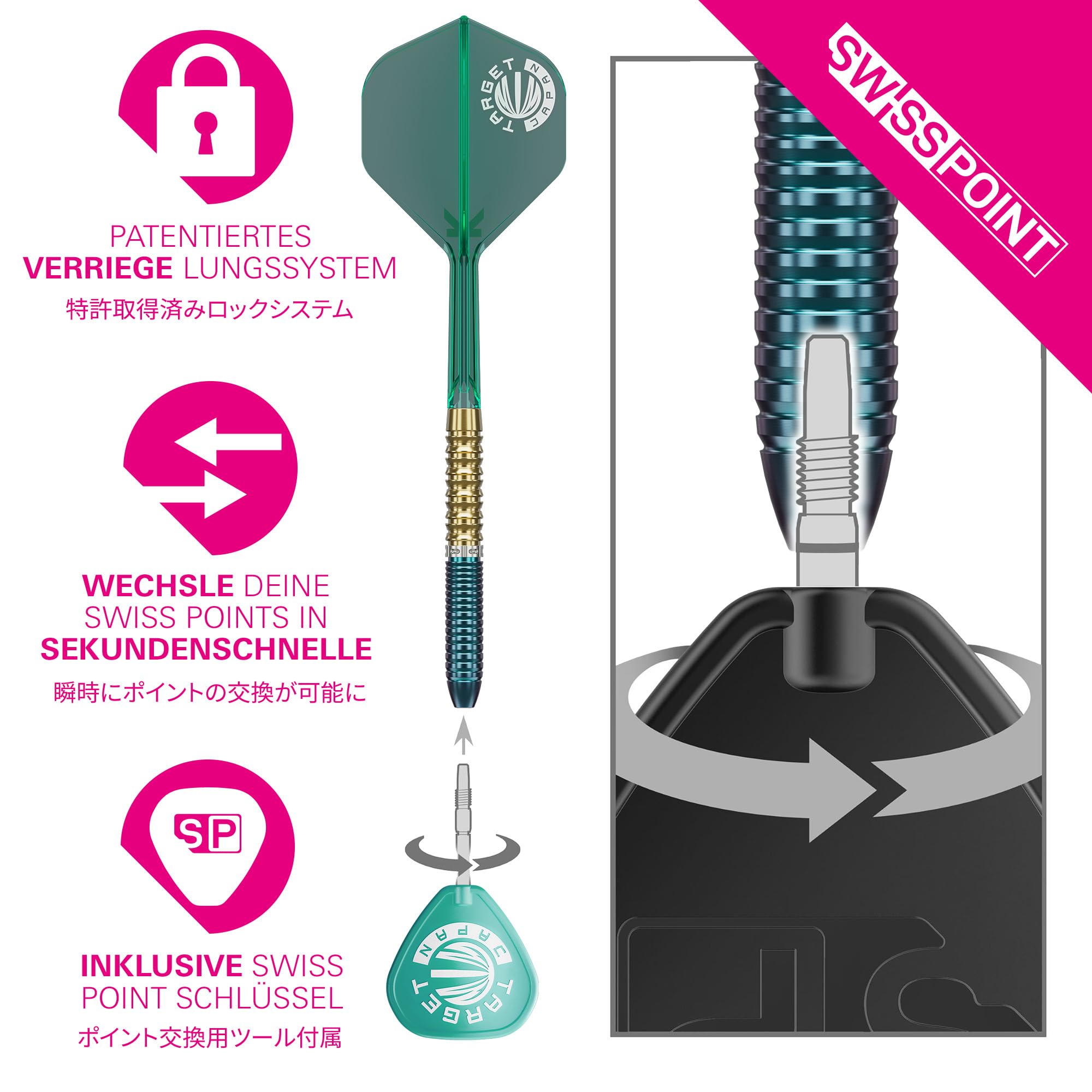 Target Japan Prime Series Zenith G2.5 Steel Tip Darts/Dartpfeile mit K-Flex 23g/24g | 90% Tungsten Set, K-Flex Flights & Shafts No.2, Swiss Nano Point Tips, Ching Ho Tung Gen 2.5