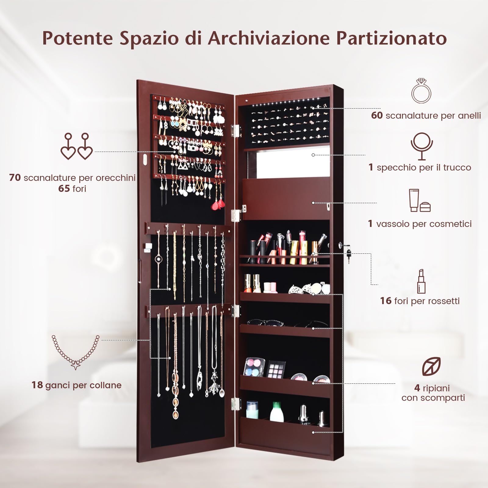 Armadio Per Gioielli Con Luci LED E Specchio – Organizzatore Montabile A Muro, 108 Slot