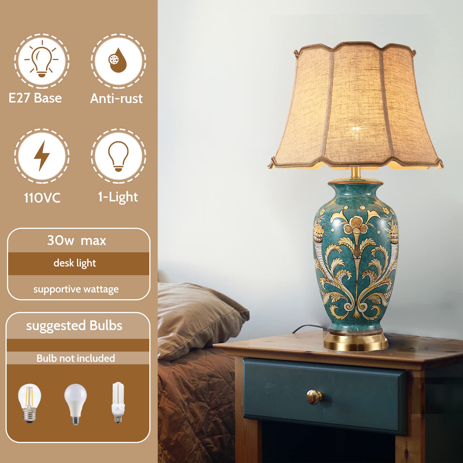 Lampada da tavolo in ceramica, dipinta a mano, design asiatico con motivo floreale e uccello, elegante decorazione per la casa per camera da letto, soggiorno, studio, paralume a campana con rami alti