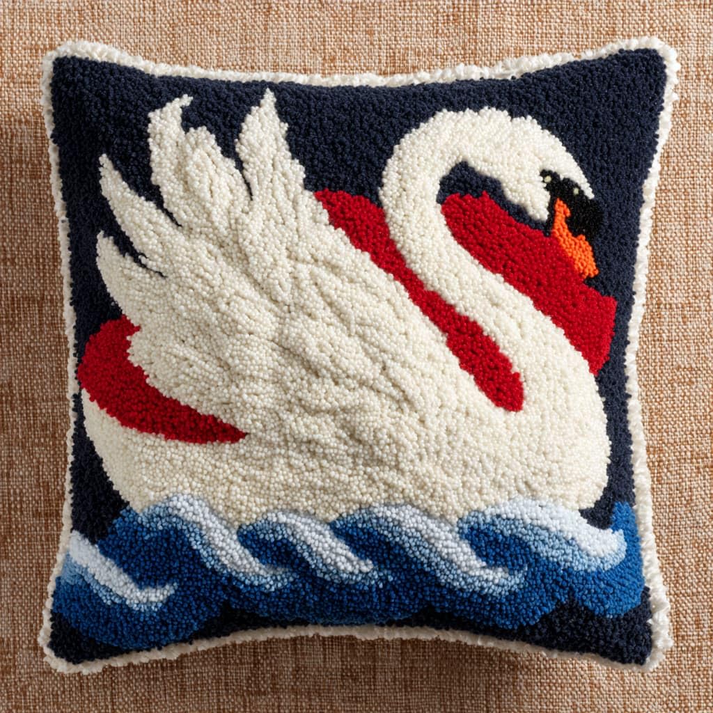 Taxpy DIY Latch Hook Pillow Cover Kits, White Swan Stamped Handamade Pillowcase Crochet Yarn Hook and Latch Emboridery Throw Pillow 43x43cm