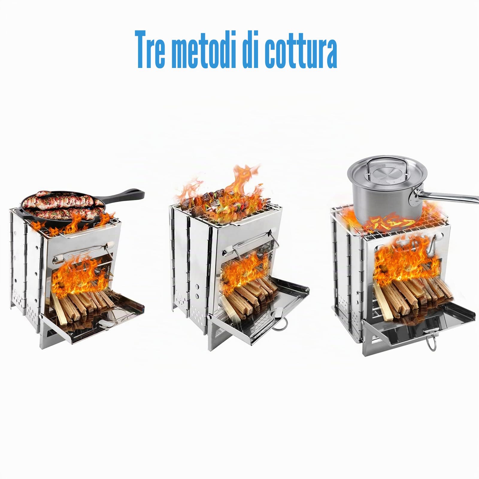 WADEO Stufa a Legna Portatile da Campeggio, Con Sega a Corda e Borsa Portaoggetti, Pieghevole in Acciaio Inox, Piccola Stufa a Legna per Escursioni, Barbecue, Grill, Zaino in Spalla, Viaggi, Picnic